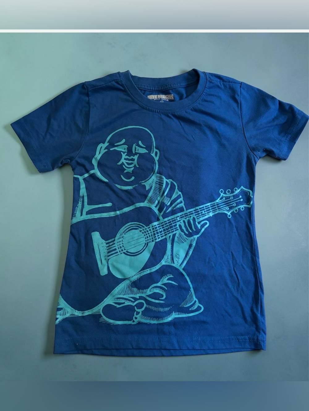 True Religion Navy Tee with Aqua Guitar Buddha Graphic